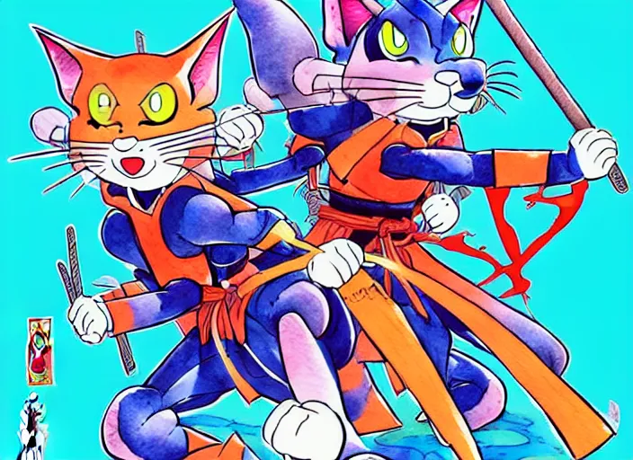 Image similar to samurai pizza cats, ink and watercolor illustration masterpiece, perfectly realistic yet surreal, by ryan ottley and mœbius
