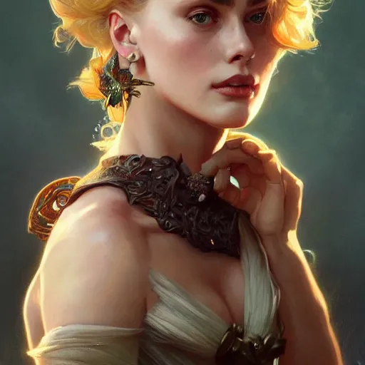 Prompt: portrait of margo Robbie, fantasy, intricate, elegant, highly detailed, digital painting, artstation, concept art, smooth, sharp focus, illustration, art by artgerm and greg rutkowski and alphonse mucha