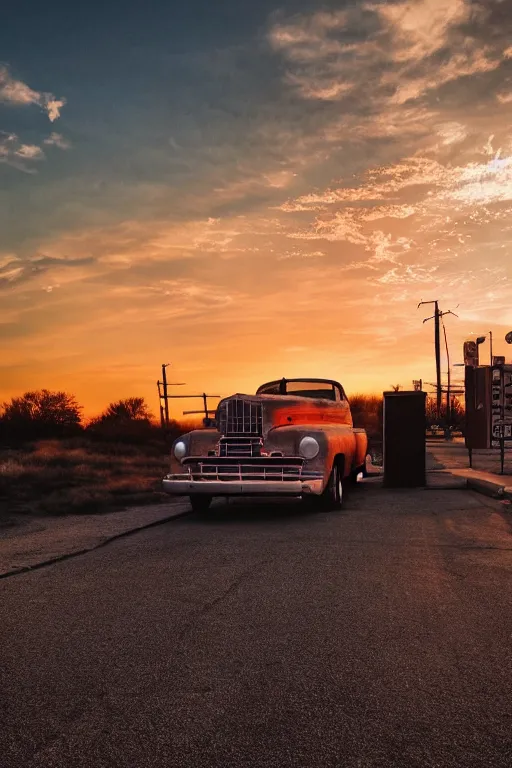 Image similar to a sunset light landscape with historical route 6 6, lots of sparkling details and sun ray ’ s, blinding backlight, smoke, volumetric lighting, colorful, octane, 3 5 mm, abandoned gas station, old rusty pickup - truck, beautiful epic colored reflections, very colorful heavenly, softlight