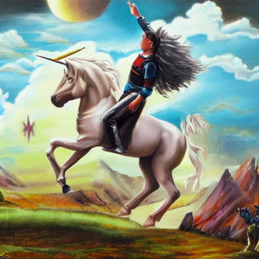 Image similar to wesley crusher riding a unicorn into battle oil painting