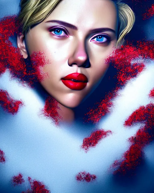 Image similar to highly detailed vfx portrait of scarlett johansson, red lipstick, global illumination, detailed and intricate environment