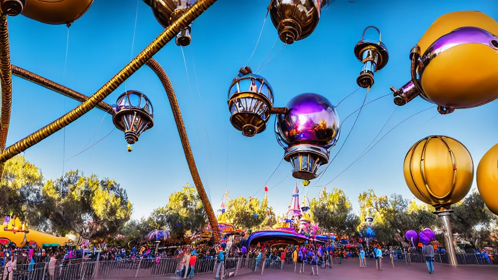 Prompt: large colorful futuristic space age metallic steampunk balloons with pipework and electrical wiring around the outside, and people on rope swings underneath, flying high over the beautiful disneyland in california city landscape, professional photography, 8 0 mm telephoto lens, realistic, detailed, photorealistic, photojournalism