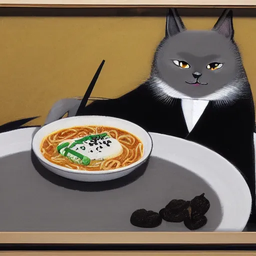 Image similar to Fat, cute grey striped cat in a suit eating ramen, busy restaurant, ukyio-e, painting by Koson Ohara, details, 4K, 8K