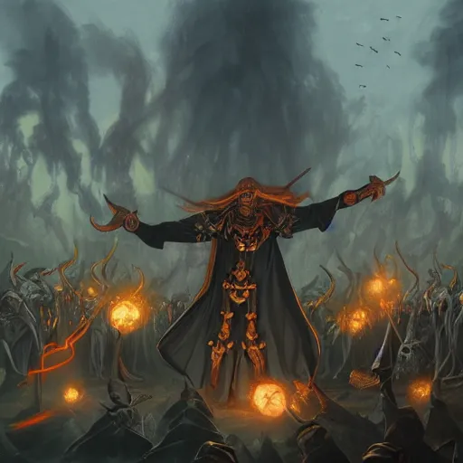 Prompt: Painting of a wizard summoning an army of skeleton warriors, trending on artstation