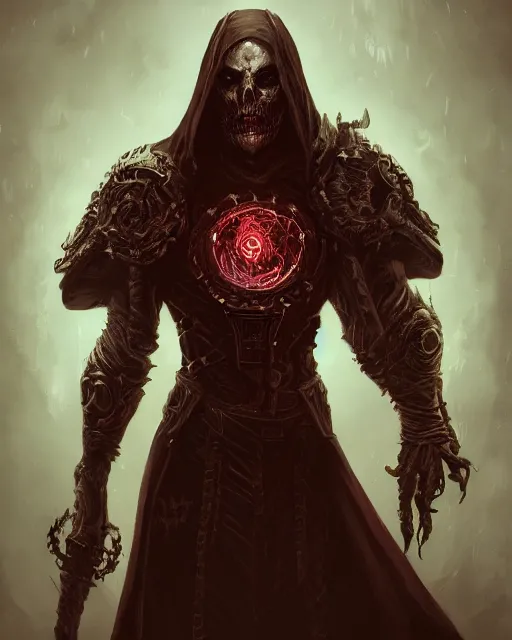 Image similar to Necromancer, solo, one character, portrait, Path of Exile, Warhammer, Diablo, Magic the Gathering, fantasy, gritty, cinematic lighting, centered, centered, symmetrical, symmetrical, highly detailed, digital painting, Artstation, concept art, sharp focus, 8k