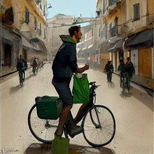 Image similar to a food delivery guy on his bicycle wearing a big green bag at the streets of Lisbon, art by Greg Rutkowski