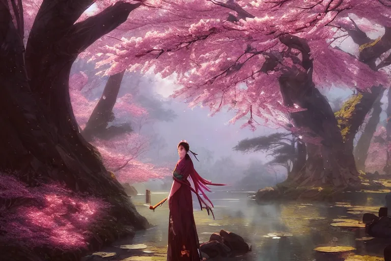 Image similar to wuxia, ancient relic, cherry blossoms, unreal engine, fantasy art by greg rutkowski, loish, rhads, ferdinand knab, makoto shinkai and lois van baarle, ilya kuvshinov, rossdraws, tom bagshaw, global illumination, radiant light, detailed and intricate environment