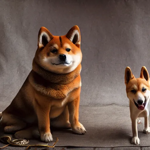 Prompt: Shiba Inu in medieval times look like merlin high details cinematic mood shooting lighting from wand