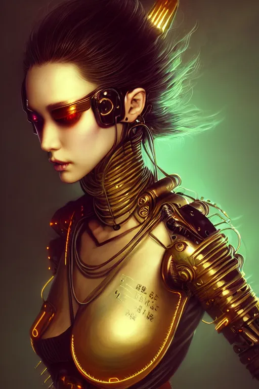 Image similar to soft lustrous asian biotech raver gutter punk gothic cyborg, golden ratio, details, scifi, fantasy, cyberpunk, intricate, decadent, highly detailed, digital painting, octane render, artstation, concept art, smooth, sharp focus, illustration, art by artgerm, loish, wlop