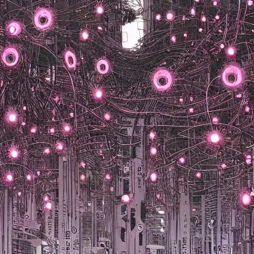 Prompt: cybernetic flowers in a cybernetic city, tsutomu nihei