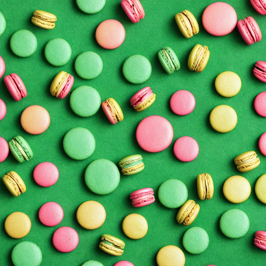 Image similar to top-down view of macarons on top of a green surface, 8k, high detail, photorealistic, proper shading