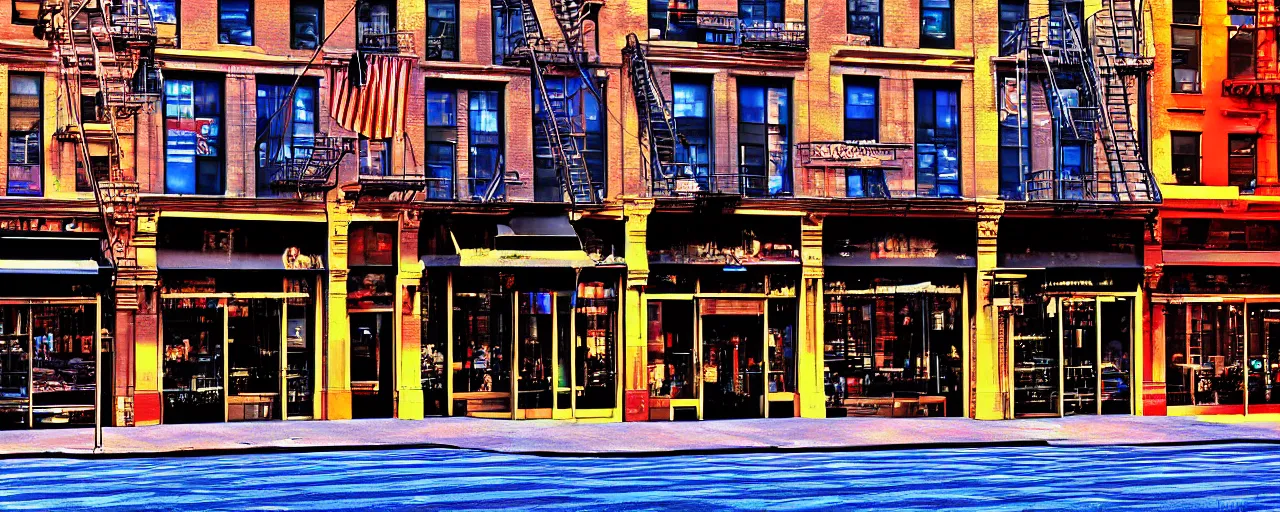 Prompt: building facade. storefronts. city block. new york. digital art