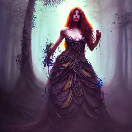 Image similar to upper body of a beautiful woman clothed in trash standing in an enchanted forest, high fantasy, elegant, epic, detailed, intricate, digital painting, concept art, realistic detailed face, smooth, focus, rim light