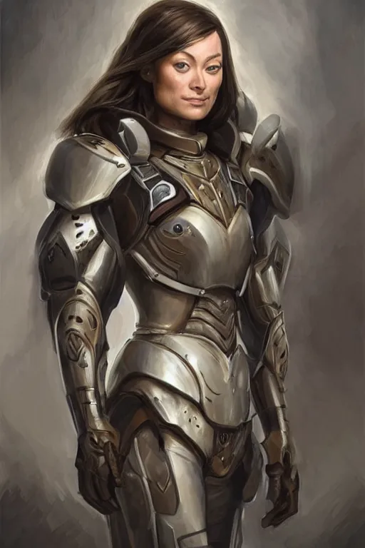 Image similar to a professional painting of a young Olivia Wilde, clothes in military armor, olive skin, long dark hair, beautiful bone structure, symmetrical facial features, intricate, elegant, digital painting, concept art, smooth, sharp focus, illustration, from StarCraft by Ruan Jia and Mandy Jurgens and Artgerm and William-Adolphe Bouguerea