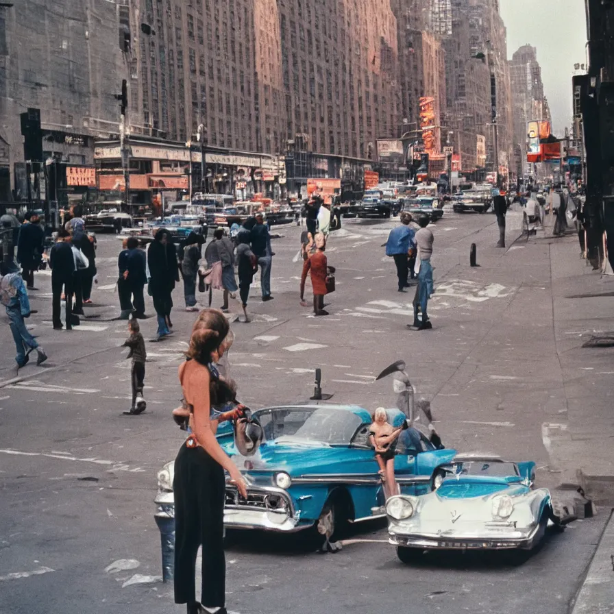 Prompt: street photography in new york from the 1 9 6 0 s, ultra detailed hyper realistic lifelike, photographed on colour film, photo taken with ektachrome, featured on unsplash