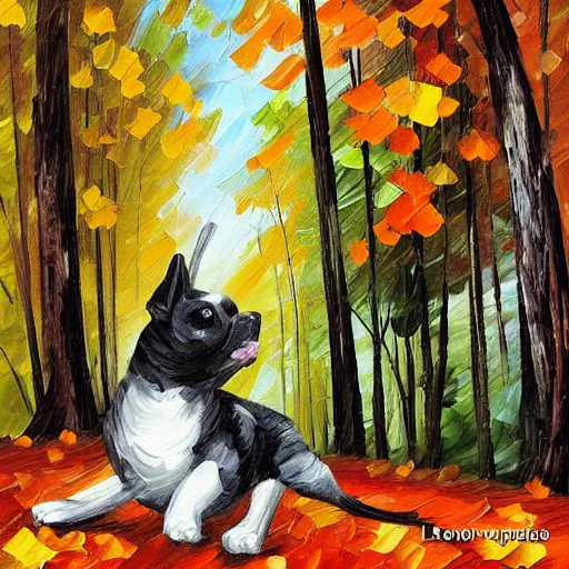 Prompt: “black and white dog in the woods, style of leonid afremov”