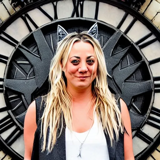 Image similar to A detailed photo of Kaley Cuoco under the Eastgate clock in Chester. Behind her we see a black panther