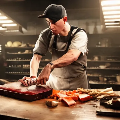 Image similar to Eminem as a butcher with axe in his hand, shot from professional camera, ultra realistic, rim light, beatiful vivid lights