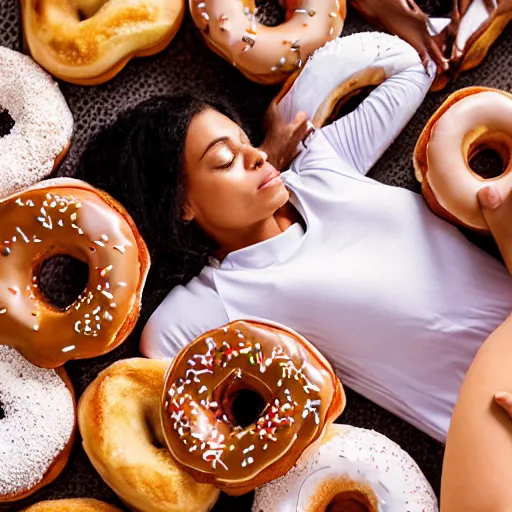 Image similar to A woman sleeping on a bed made of doughnuts