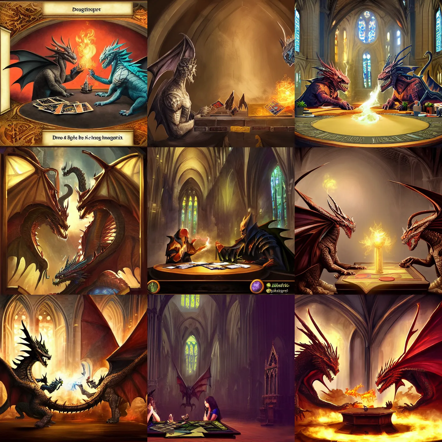 Prompt: two dragons playing magic the gathering cards inside a cathedral, digital art, trending on artstation