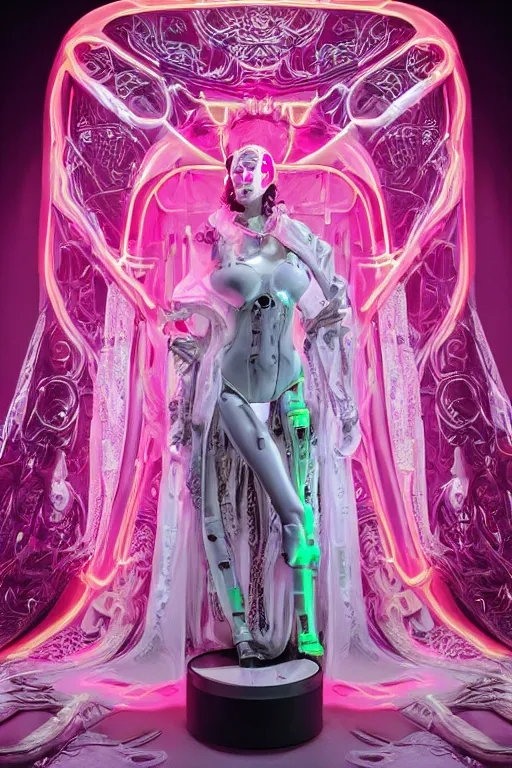 Image similar to full-body baroque and bladerunner style pink neon and ceramic statue of a beautiful pale priestess robot goddess humanoid wearing a torn kimono, glowing peach face, street hoody of red steampunk lasers, emeralds, swirling silver silk fabric. futuristic elements. oozing glowing liquid, full-length view. space robots. human skulls. throne made of bones, intricate artwork by caravaggio. Trending on artstation, octane render, cinematic lighting from the right, hyper realism, octane render, 8k, depth of field, 3D