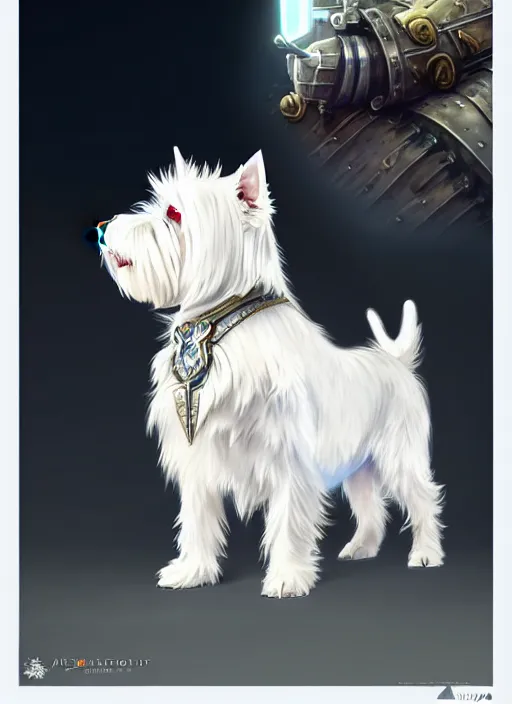 Image similar to a west highland white terrier, anime art style, wearing futuristic, led - lit armor, and a cannon mounted on his back, portrait, high detail, sharp focus, digital painting, artstation, concept art, art by hayao miyazaki and artgerm and greg rutkowski and alphonse mucha.