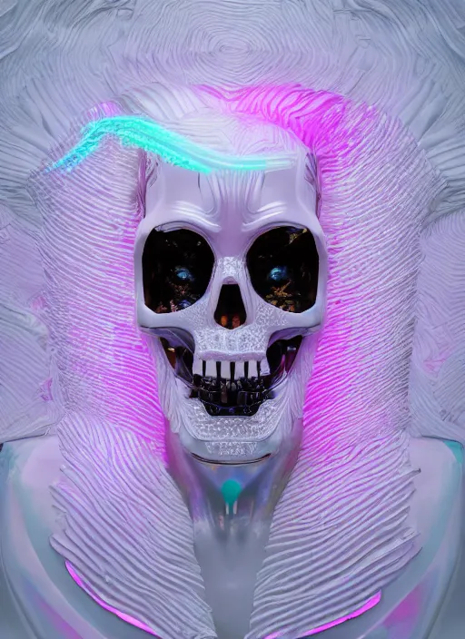 Image similar to photo of fullbodied baroque and bladerunner delicate neon diamond sculpture of robot onyx albino marble prince kai harvatz dotado pink iridescent skull psychedelic, reclining, glowing magenta face, crown of white diamonds, cinematic lighting, photorealistic, octane render 8 k depth of field 3 d
