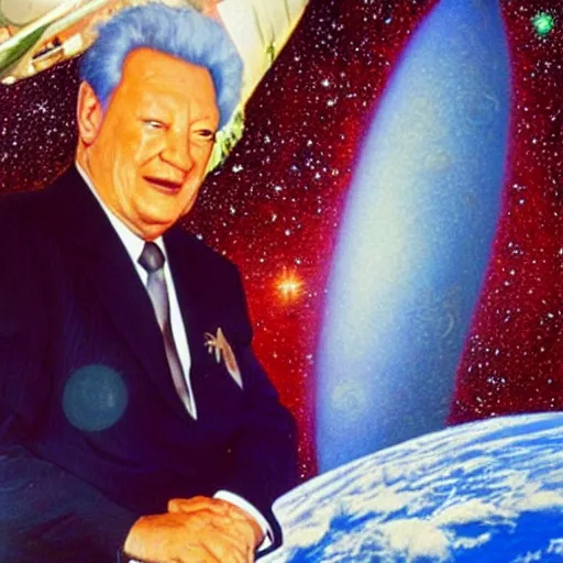 Image similar to yeltsin in outer space, behind him is a planet, space art in color