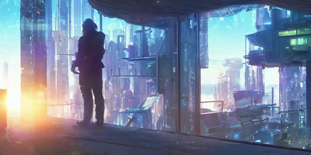 Image similar to a cinematic composition depicting : a translucid crystal - being viewing out of their window how a high tech lush solarpunk tribe with their technology is encroaching on a distant cyberpunk world at sunrise