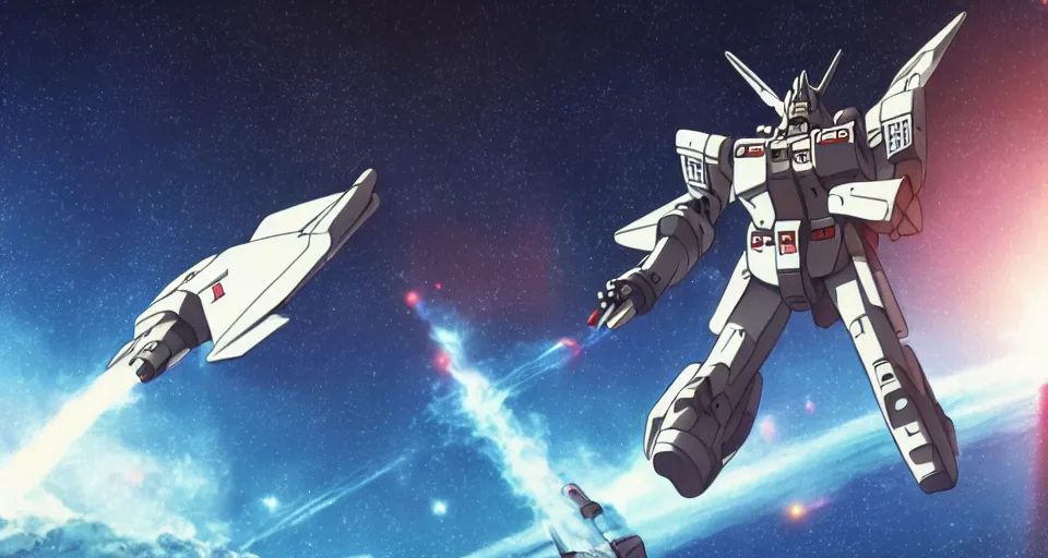 Prompt: RX-78-2 in the science fiction anime series gundam by makoto shinkai, flying through space, beautiful, interstellar, cinematic, shooting star