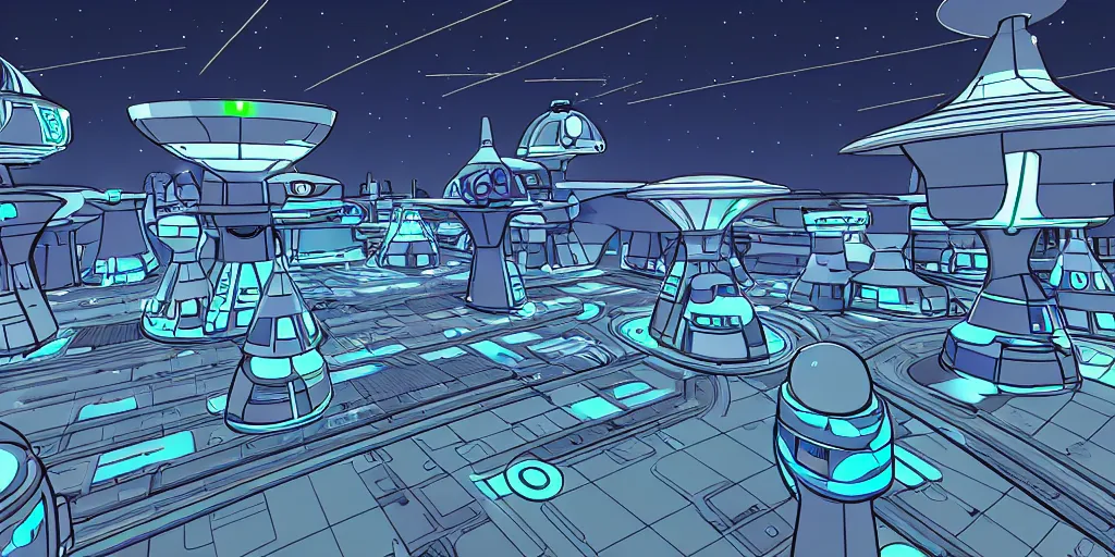 Image similar to futuristic space port in the style of the jetsons cartoon, retro line art, path traced