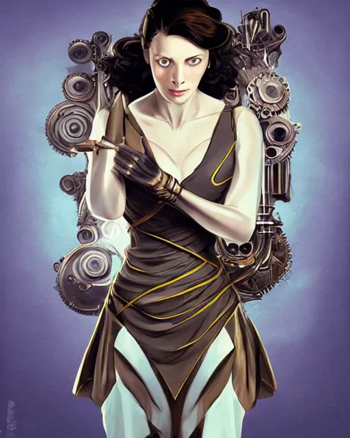 Prompt: in the style of joshua middleton, artgerm, beautiful caitriona balfe, steampunk, bioshock, full body, blue dress, elegant pose, middle shot, spooky, symmetrical face, symmetrical eyes, detailed realisitc eyes, three point lighting, detailed realistic eyes, detailed and intricate