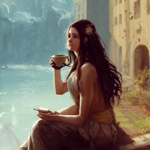 Image similar to pretty roman girl drinking coffee, extremely long hair, epic fantasy art by Greg Rutkowski