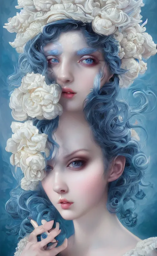 Image similar to pop surrealism, rococo, blue baroque hair, young female seductive - fine - face, pretty face, key visual, realistic shaded perfect face, fine details by stanley artgerm lau, wlop, mark ryden, andrei riabovitchev, marc simonetti, and sakimichan, trending on artstation