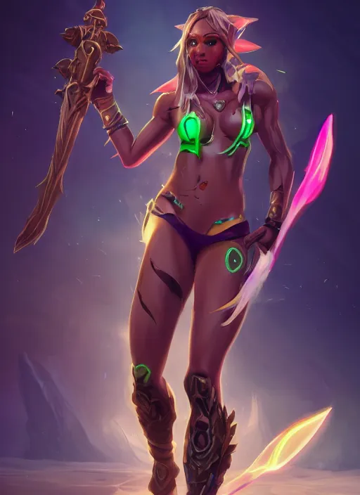 Image similar to senna from league of legends, au naturel, holding a giant weapon, with abs, brown skin, glowing green neon eyes, digital art, trending in artstation, cinematic lighting, studio quality, smooth render, unreal engine 5 rendered, octane rendered, art style by klimt and nixeu and ian sprigger and wlop and krenz cushart