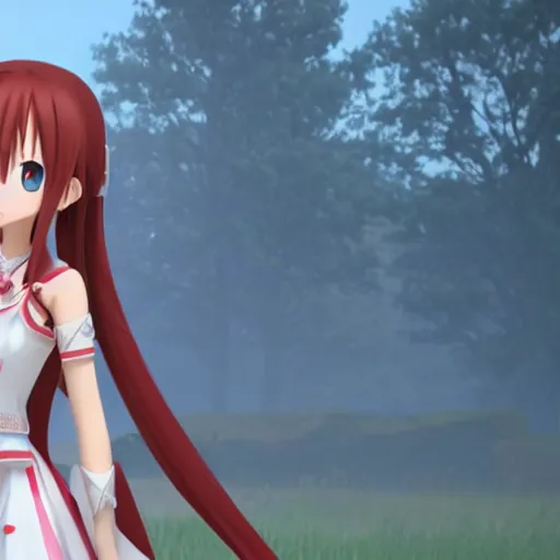 Image similar to yuuki asuna in her wedding dress on a vast field, extremely long hair, unreal engine