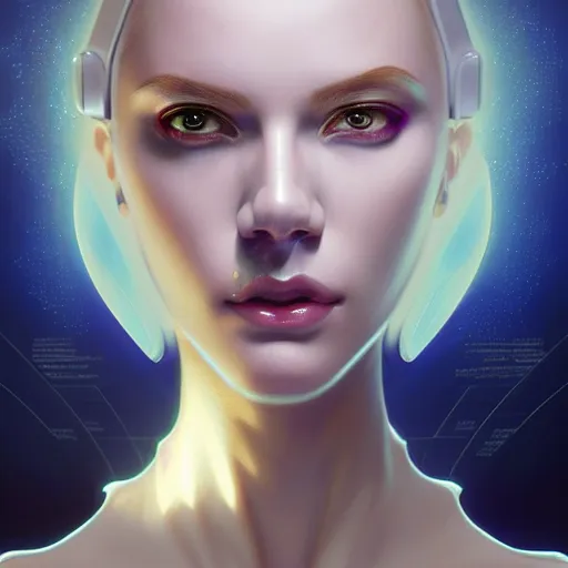 Prompt: futuristic woman android portrait, sci-fi female, striking azure eyes, face, short platinum hair tomboy, cyberpunk femme fatale, intricate, elegant lady with alabaster skin, highly detailed gold filigree, digital painting, artstation, concept art, smooth, sharp focus, illustration, art by artgerm and greg rutkowski and alphonse mucha:3, overexposed, dark, gray:-2