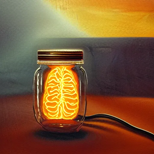 Prompt: a glowing brain in a glass jar in the middle of a datacenter, oil painting