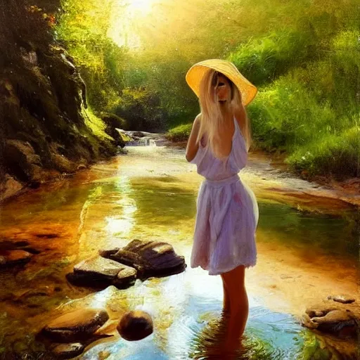 Prompt: blonde girl with summerhat, kneeling in a shallow stream in france, backlit, rocks visible underneath the water, style of volegov