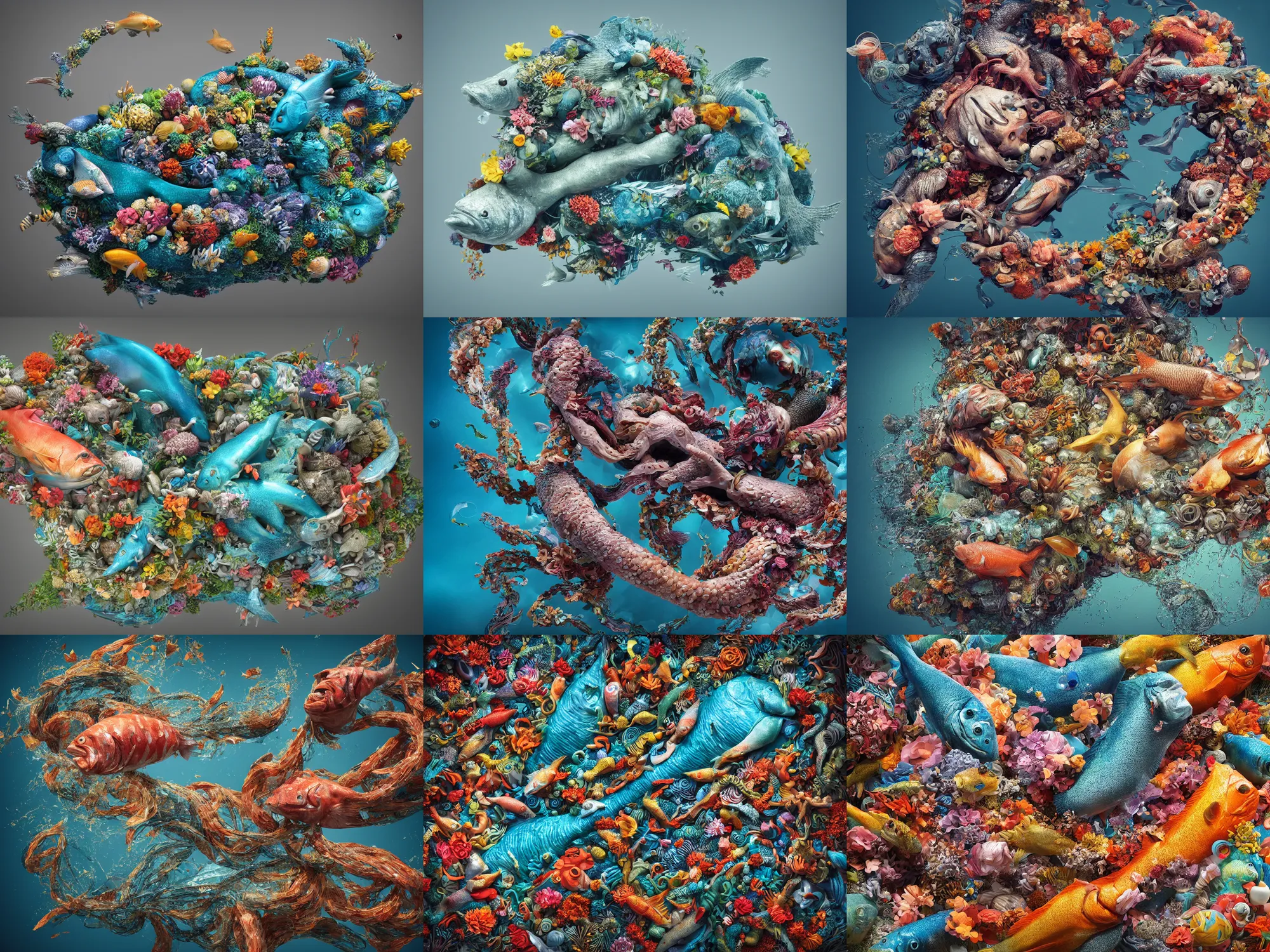 Prompt: a sculpture of fish ocean intertwined, a lovely cornucopia of flowers and human body parts, body parts, highly detailed, octane render, cinematic, shock, sharp focus, ball, an independent psycho,