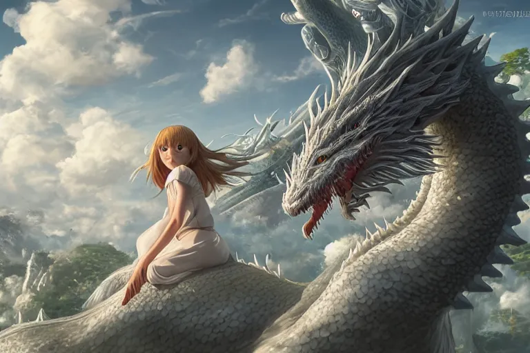 Image similar to the beautiful hyper detailed big scene render that a beautiful girl sitting on the back of a huge silver white dragon alone in fairyland surrounded by white clouds, finely detailed angelic face delicate features, style of studio ghibli, makoto shinkai, artgerm, karol bak, kazuki tanahashi, james jean, ross tran, xision, ultra wide angle