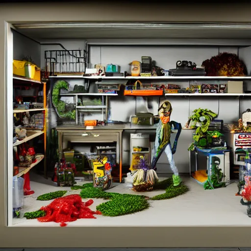 Image similar to garage with carnivorous plants on the shelves and packing peanuts on the floor, scene from tv show hyper detailed 5 5 mm 8 5 mm, low - light photography by tyler mitchell, made out of plastic