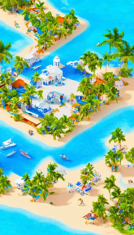 Image similar to beautiful beachside village, palm trees, blue water, isometric view, tilt shift, highly detailed