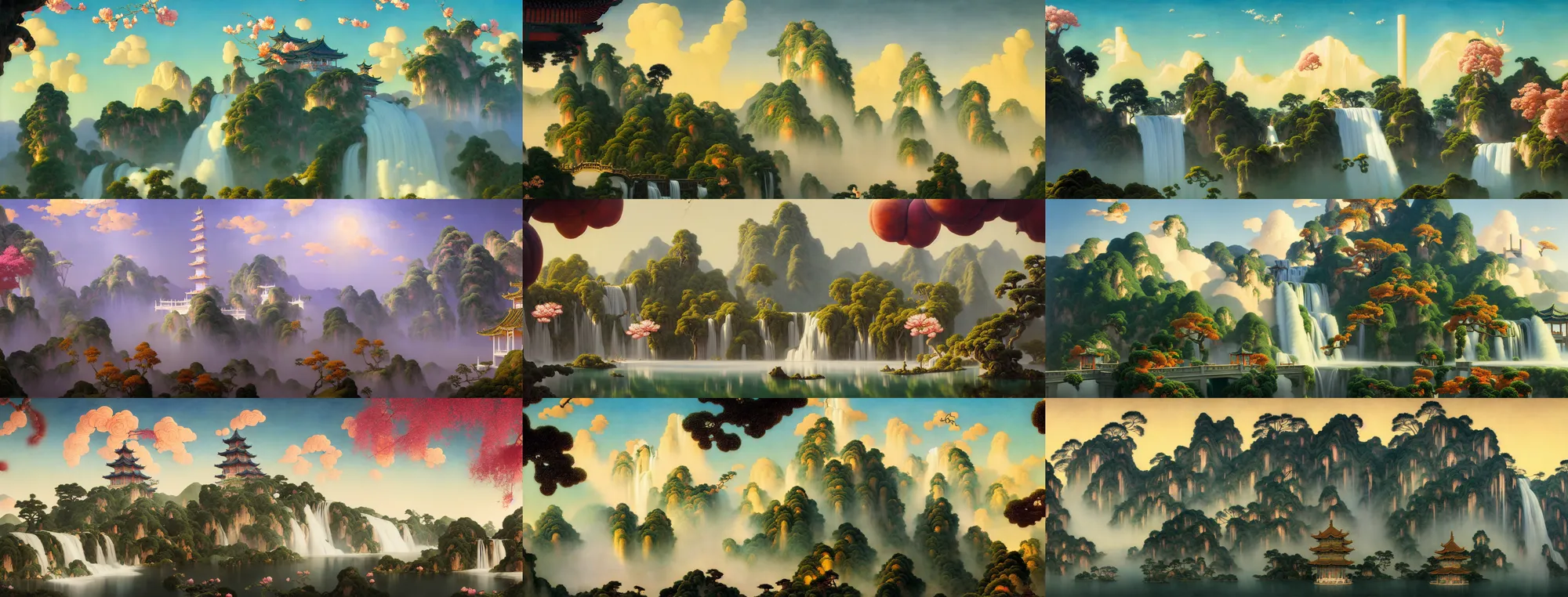 Image similar to a gorgeous painting by barlowe wayne, maxfield parrish and marco mazzoni. chinese style misty clouds. xanadu chinese temple on a platform that extends over a great waterfall, just one huge tallest magnificent peach blossom tree glowing, bridge. ultra clear detailed. 3 d, octane render. 8 k.