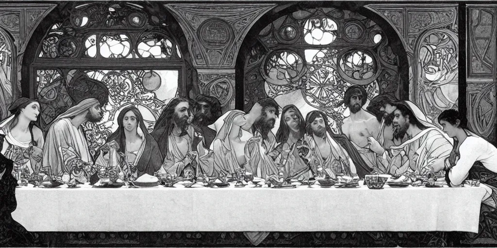 Image similar to the last supper,Alphonse Maria Mucha,elegant,highly detailed,smooth,sharp focus,illustration