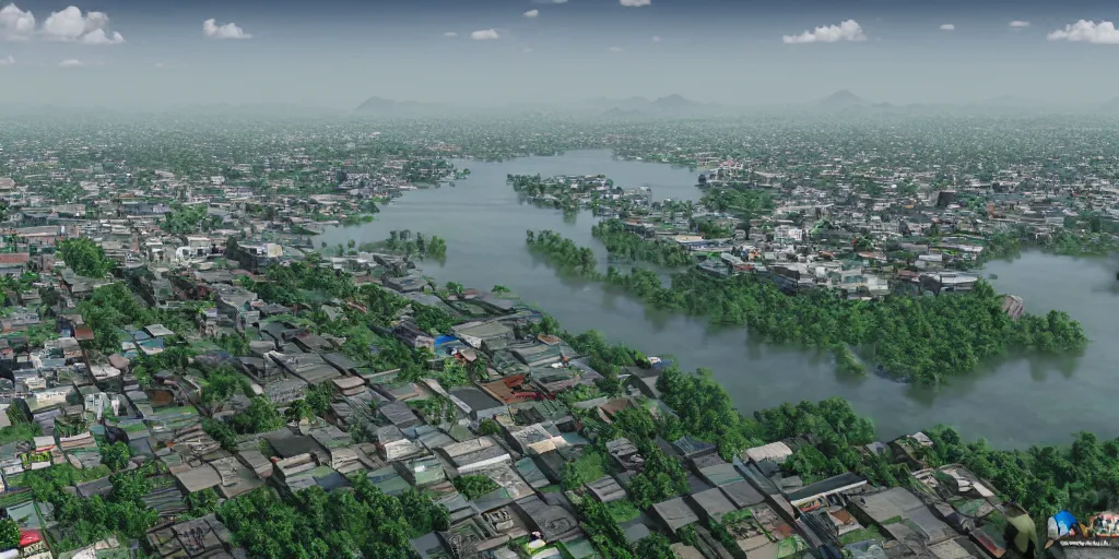 Prompt: vue 3d beautiful guwahati city and brahmaputra river + v-ray + unreal engine + real life natural photo + daz3d iray + 8k textures + HDR lighting, ray traced, v-ray, artstation