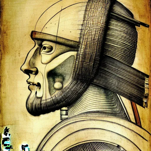 Prompt: Leonardo Davinci sketch of the inner workings of a cyborg samurai, high detail, post-processing , Corporate Memphis Illustration, Japanese patent , Anatomical Drawing, Painting
