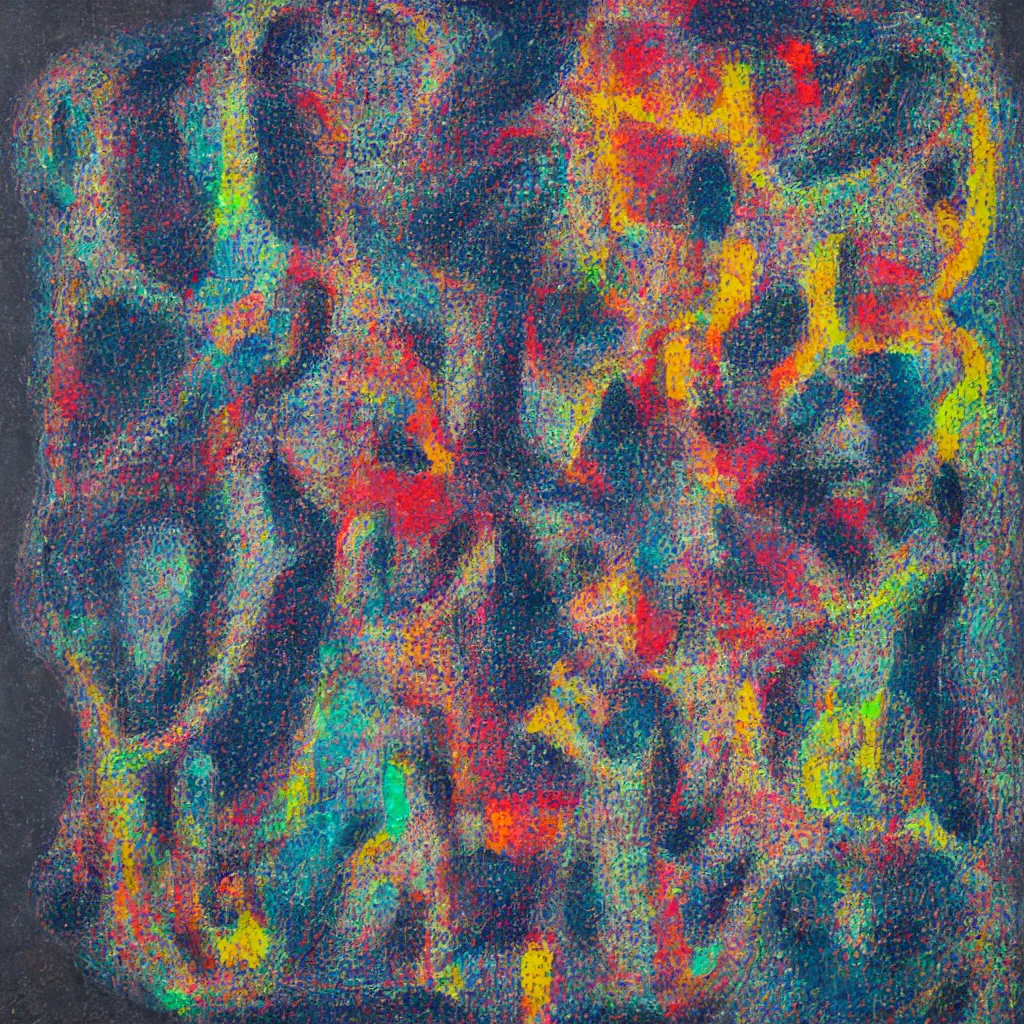 Image similar to two human figures anxiety, smiling, abstract, maya bloch artwork, ivan plusch artwork, cryptic, lines, stipple, dots, abstract, geometry, splotch, concrete, color tearing, uranium, acrylic, hints of color, pitch bending, faceless people, dark, ominous, eerie, minimal, points, technical, painting