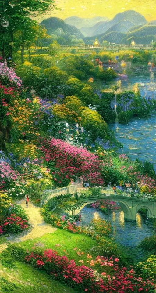Prompt: a beautiful landscape with incredible flora, high realistic high detailed painting by Thomas Kinkade and Van Gogh