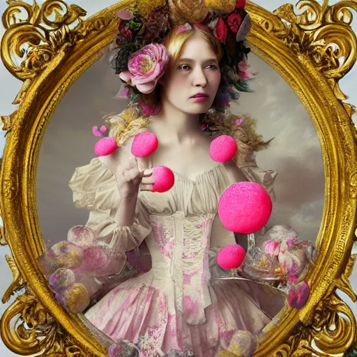 Image similar to 8 k, octane render, realism, tonalism, renaissance, rococo, baroque, portrait of a young - lady wearing long - harajuku manga - dress with flowers!!! and skulls, background - chaotic gold leaf flowers, cotton candy!!!!